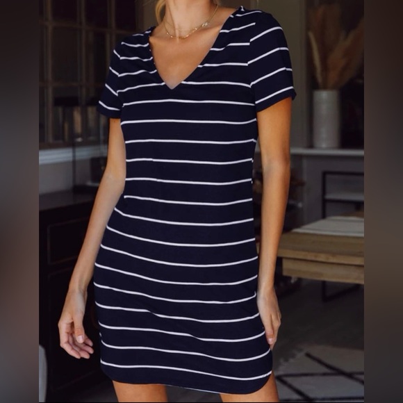 SHEIN Unity V-neck Laddering Strap Back Striped Tee Dress - Picture 1 of 4